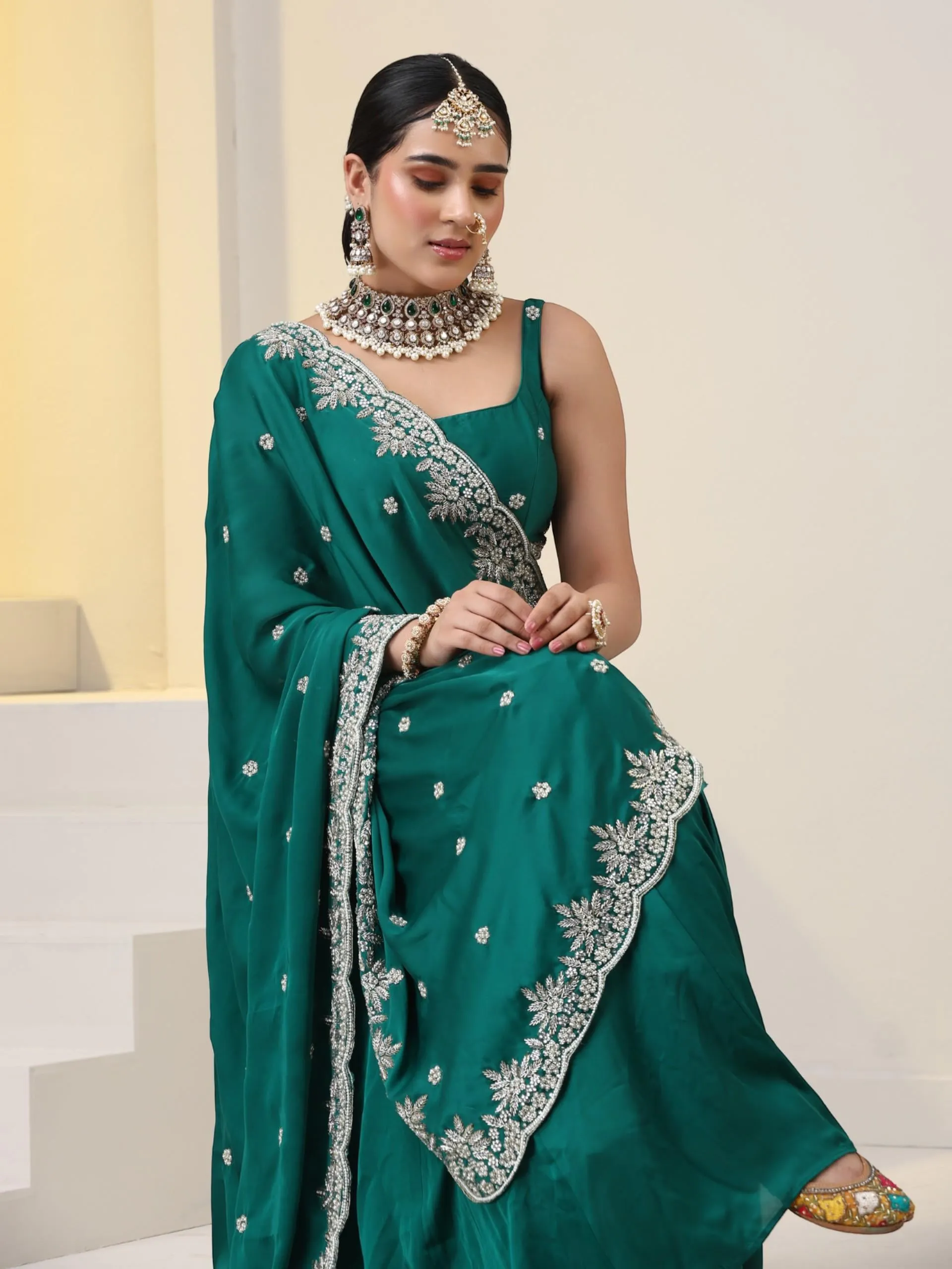 3 pc SET - Emerald Satin Lehenga with Hand Embroidered Blouse fabric and Dupatta