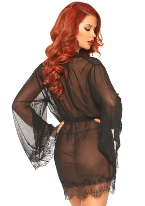 3 Pc Sheer Short Robe With Eyelash Lace Trim and Flared Sleeves - Black - M/l