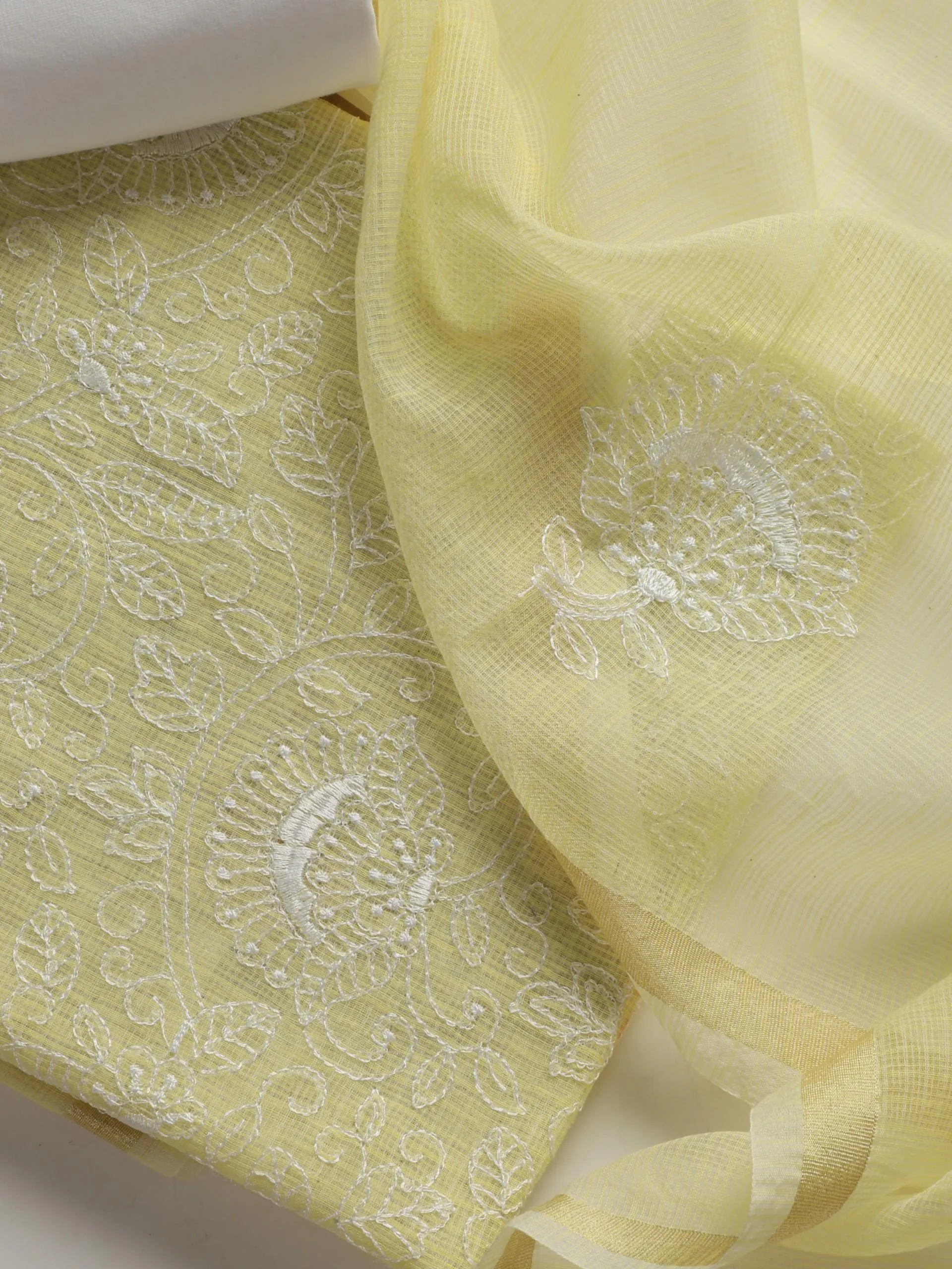 3 pc Unstitched SET - Lemon Kota Doria Inverted Flower Embroidered Kurta with Dupatta and Cotton Pyjama