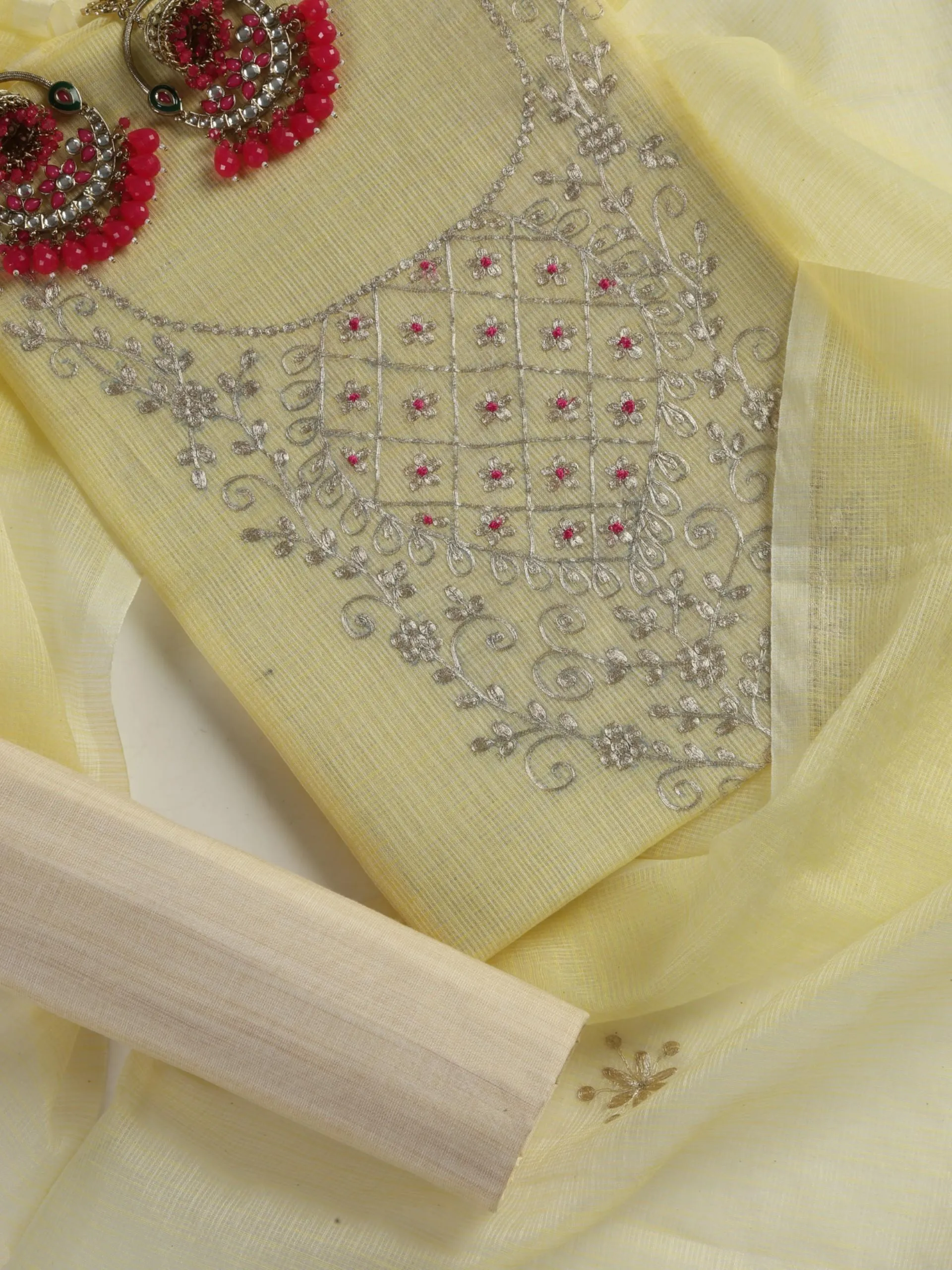 3 pc Unstitched Suit SET - Yellow Kota Doria Peeta Embroidered Kurta with Dupatta and Pyjama