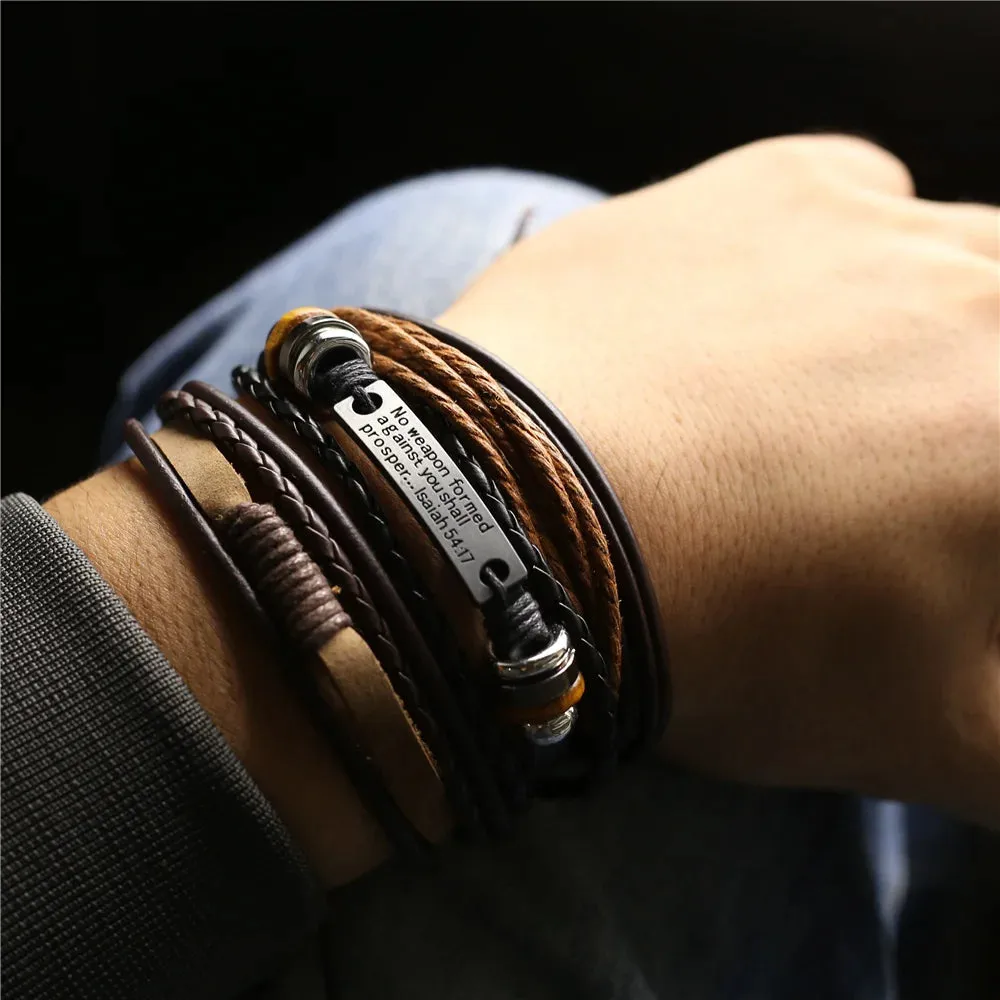 3 Pcs/Set Leather Bracelets Men Bangles For Women Wood Beads Feather TRUST IN GOD Cross Charm Homme Gift Jewelry Freely Shipping