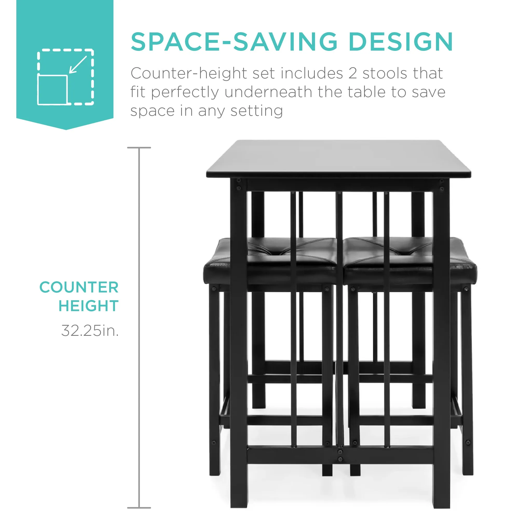 3-Piece Counter Height Dining Table Set w/ 2 Stools, Space-Saving Design