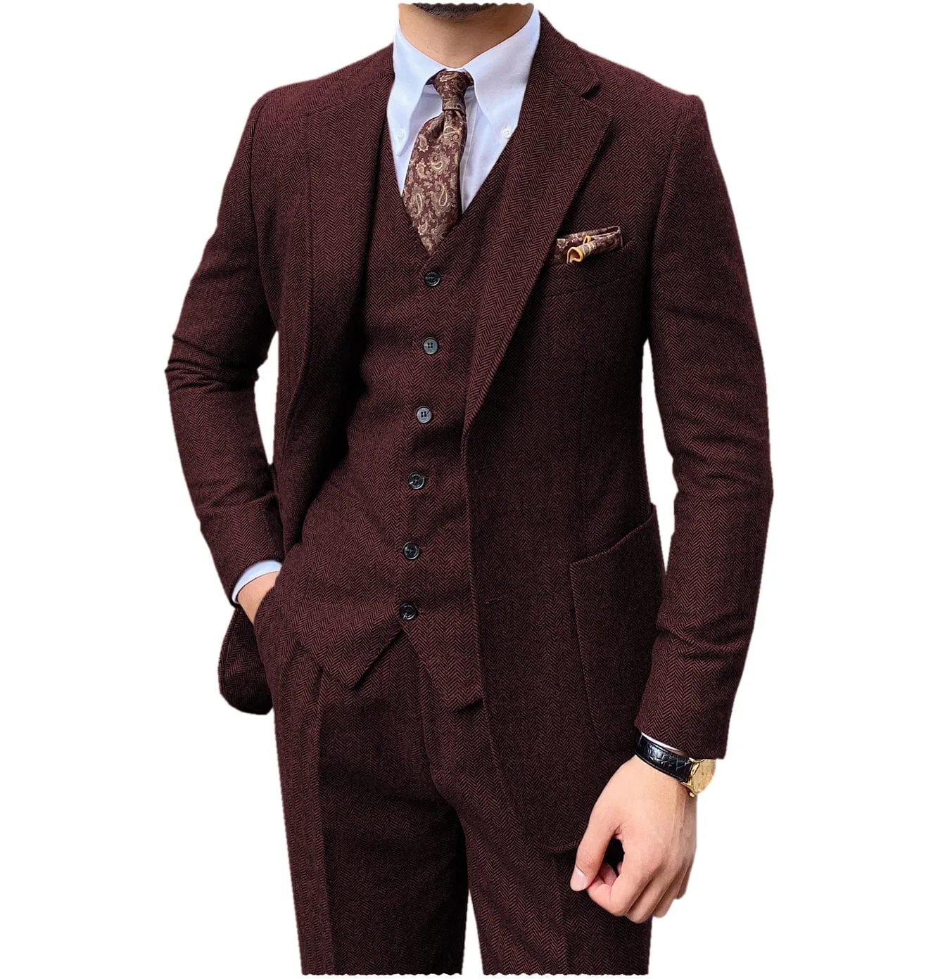 3 Piece Mens Suit Herringbone Notch Lapel Tuxedos (Blazer Vest Pants)