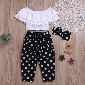 3-piece Solid Tassl Tops & Polka Dot Pants & Headband for Toddler Girl