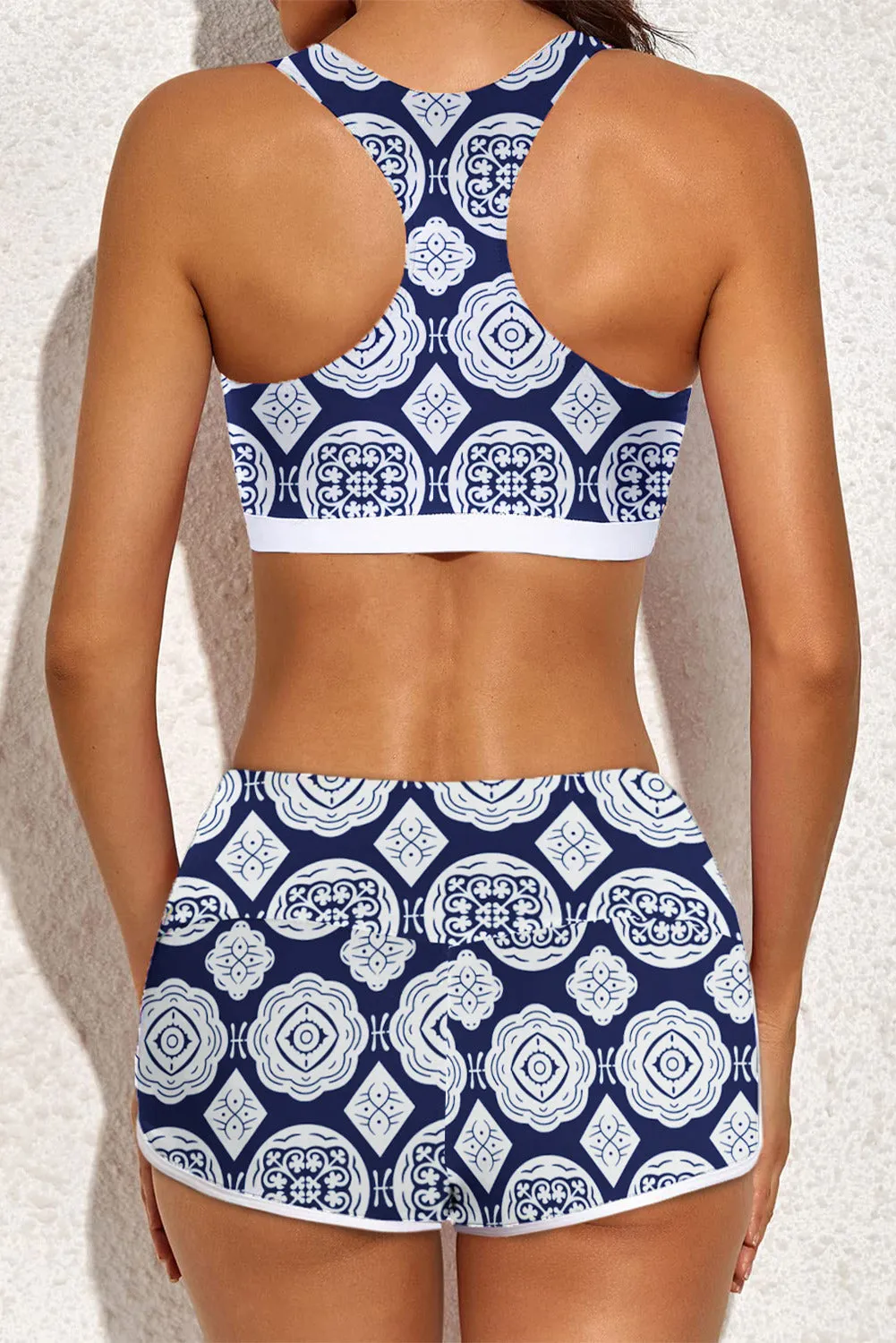 3 Piece Swimsuits Bathing Suits T-Back Printed Sporty Racerback Tankini Set