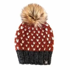 (30% Off) Beanie - Classic Blended Fiber Pom in Light Hearts on Copper and Gray with Golden Tan Faux Fur by Nickichicki