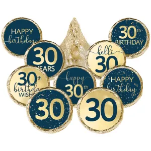 30th Birthday: Navy Blue & Gold  - Adult Birthday - Hershey's® Kisses Candy Stickers - 180 Stickers