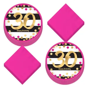 30th Birthday Party Supplies - Happy Birthday Pink and Gold Plates and Napkins (Serves 16)