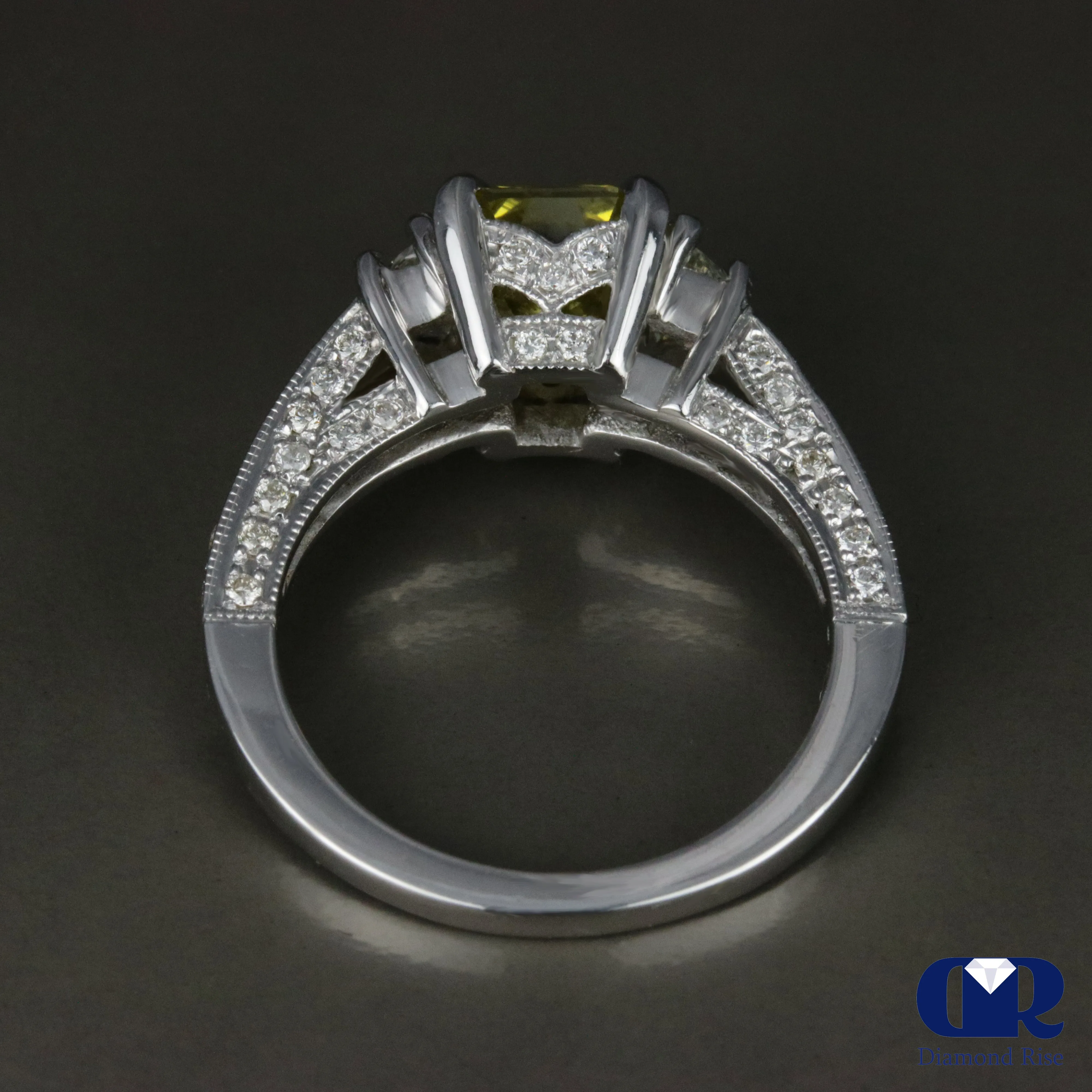 3.34 Carat Radiant Cut Fancy Yellow Diamond Engagement Ring In 14K White Gold