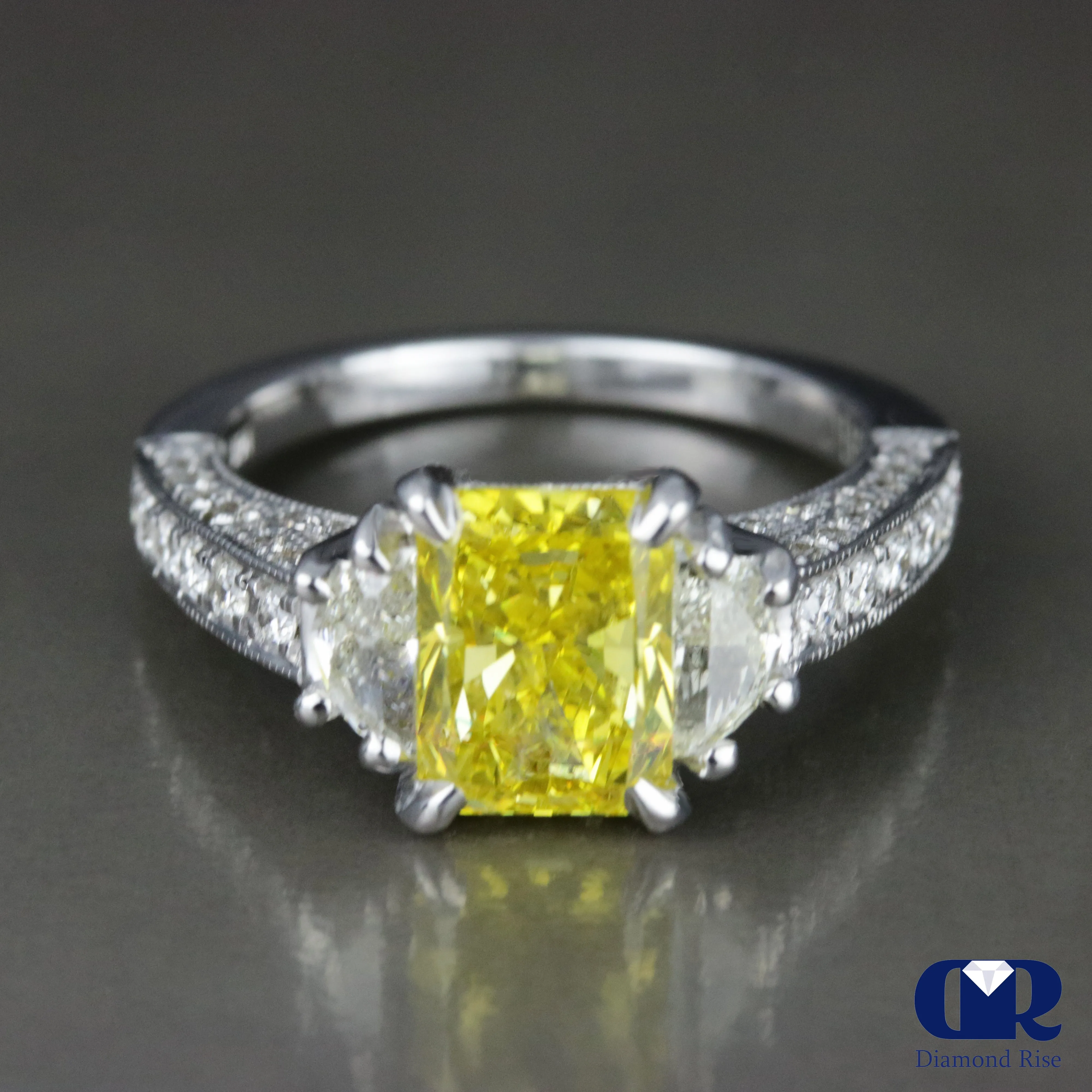 3.34 Carat Radiant Cut Fancy Yellow Diamond Engagement Ring In 14K White Gold