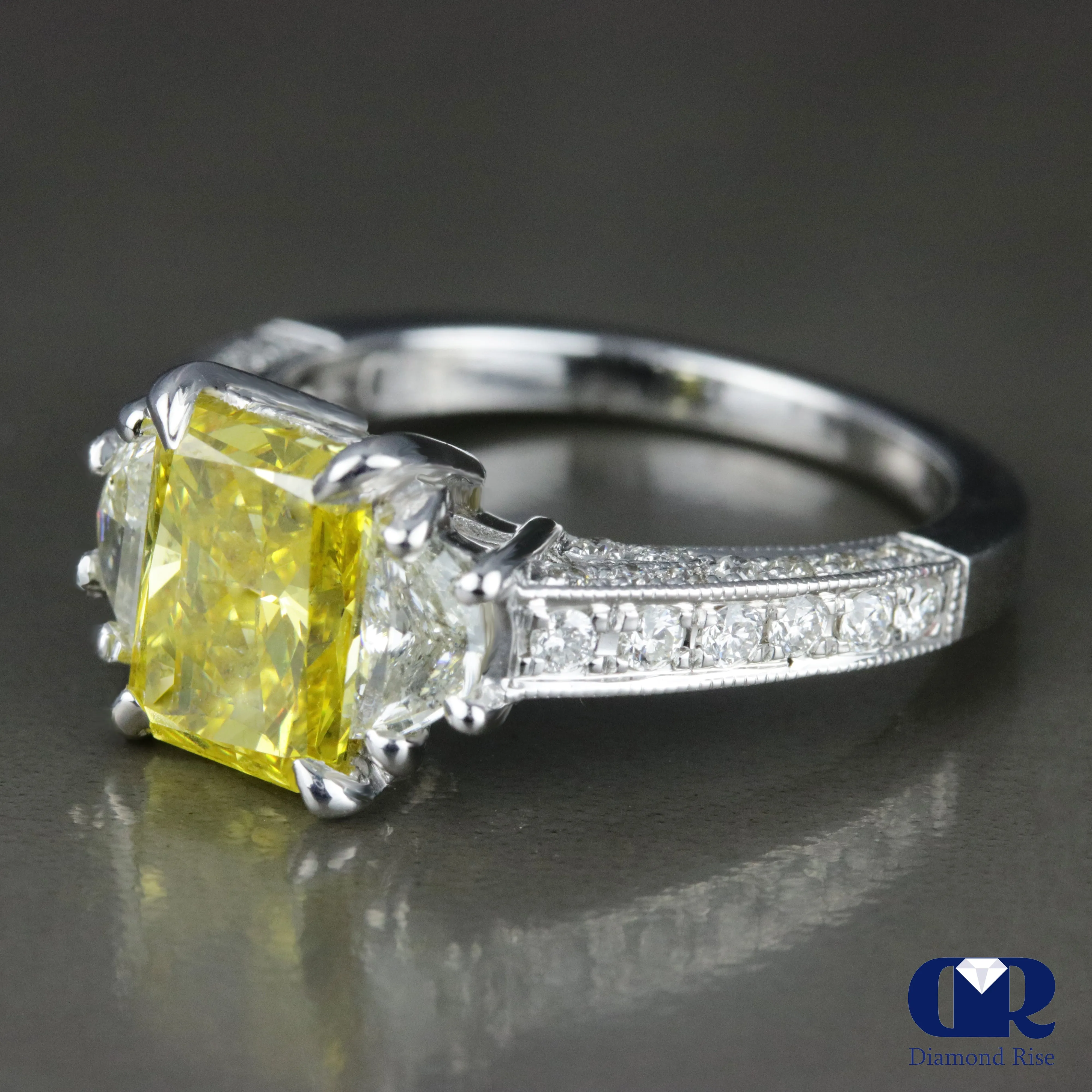 3.34 Carat Radiant Cut Fancy Yellow Diamond Engagement Ring In 14K White Gold