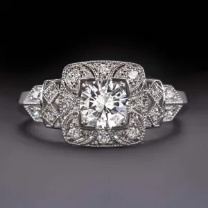 3/4 CARAT NATURAL DIAMOND VINTAGE ENGAGEMENT RING HALO ART DECO STYLE WHITE GOLD