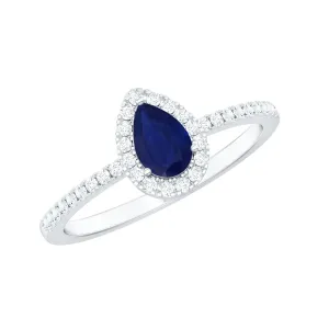 3/4 CT Pear Cut Blue Sapphire Engagement Ring with Diamond Halo