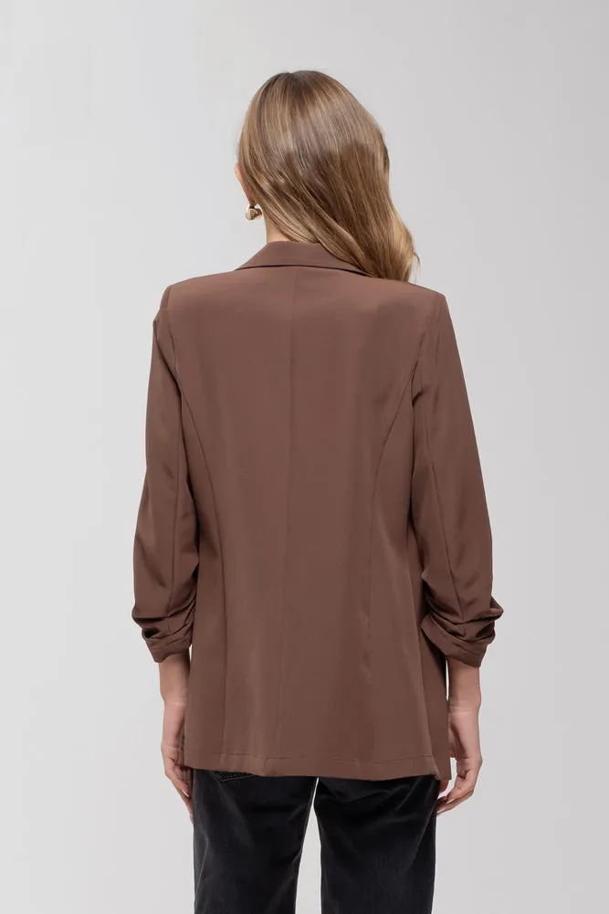 3/4 Ruched Sleeve Blazer in Brown by Blu Pepper