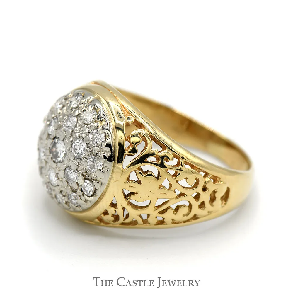 3/4cttw Diamond Kentucky Cluster Ring with Filigree Sides in 14k Gold