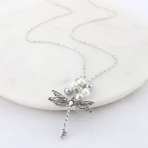 34" Silver & Pearl Dragonfly Key Necklace