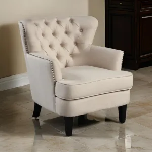 35 Inch Accent Chair, Beige Tufted Fabric Upholstery, Black Wood Legs By Casagear Home