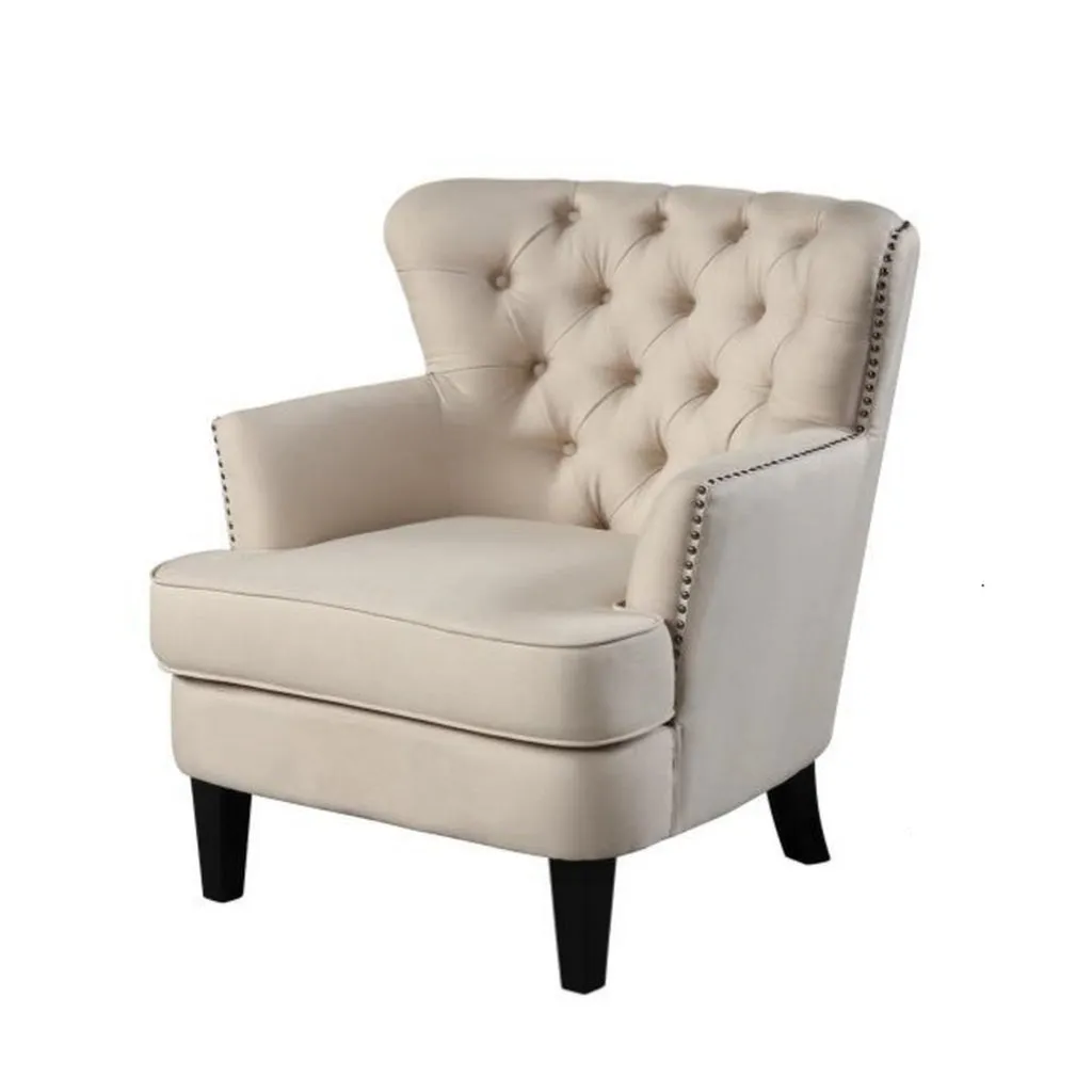 35 Inch Accent Chair, Beige Tufted Fabric Upholstery, Black Wood Legs By Casagear Home