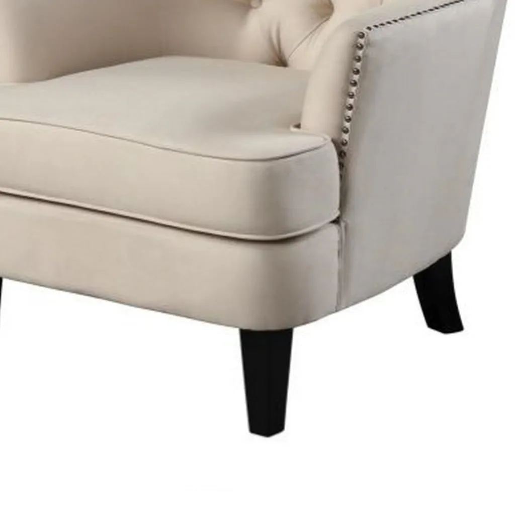 35 Inch Accent Chair, Beige Tufted Fabric Upholstery, Black Wood Legs By Casagear Home