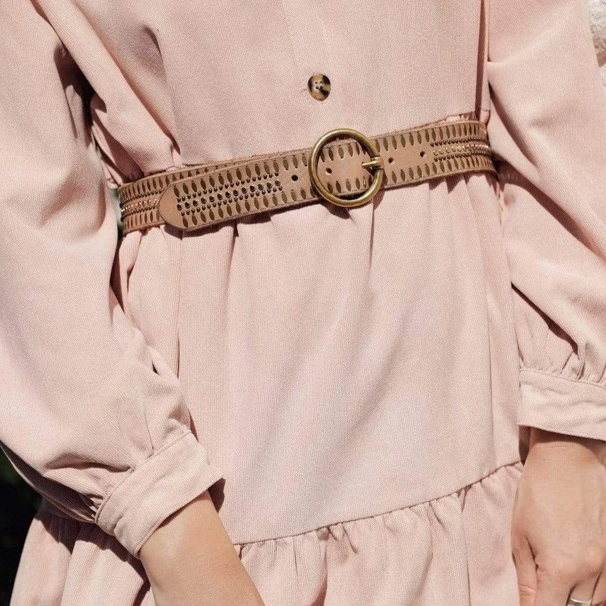 35056 Soraya | Studded Leather Belt with Gold Round Buckle