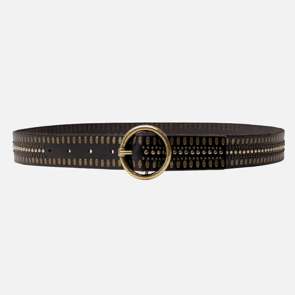 35056 Soraya | Studded Leather Belt with Gold Round Buckle