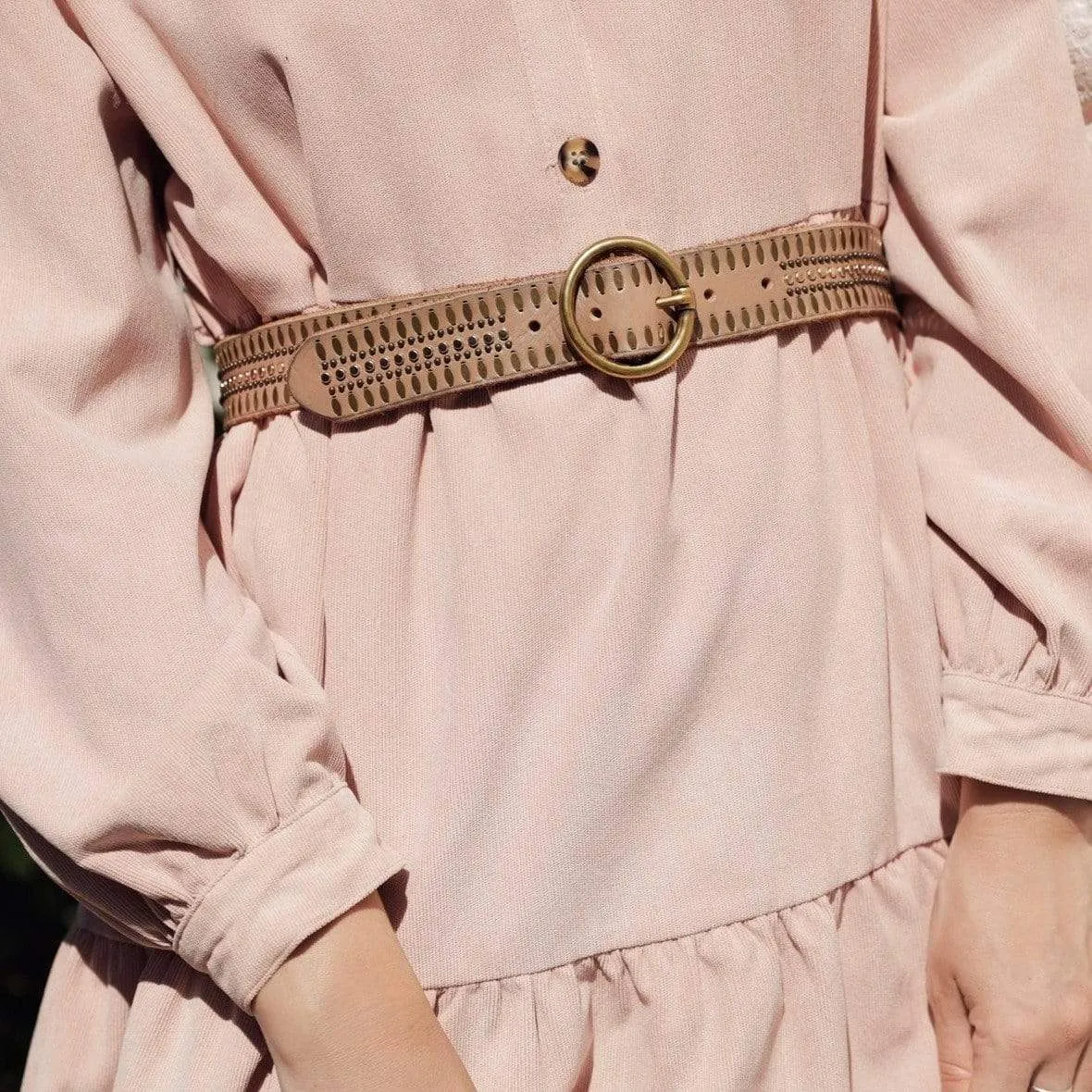 35056 Soraya | Studded Leather Belt with Gold Round Buckle