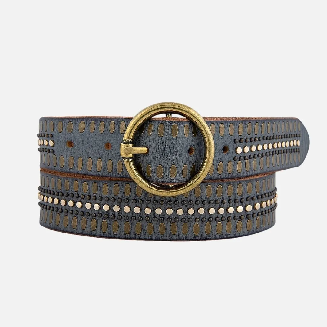 35056 Soraya | Studded Leather Belt with Gold Round Buckle