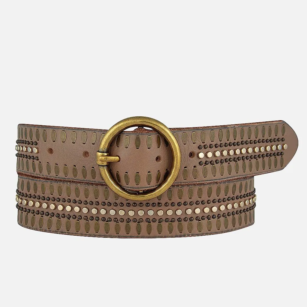 35056 Soraya | Studded Leather Belt with Gold Round Buckle