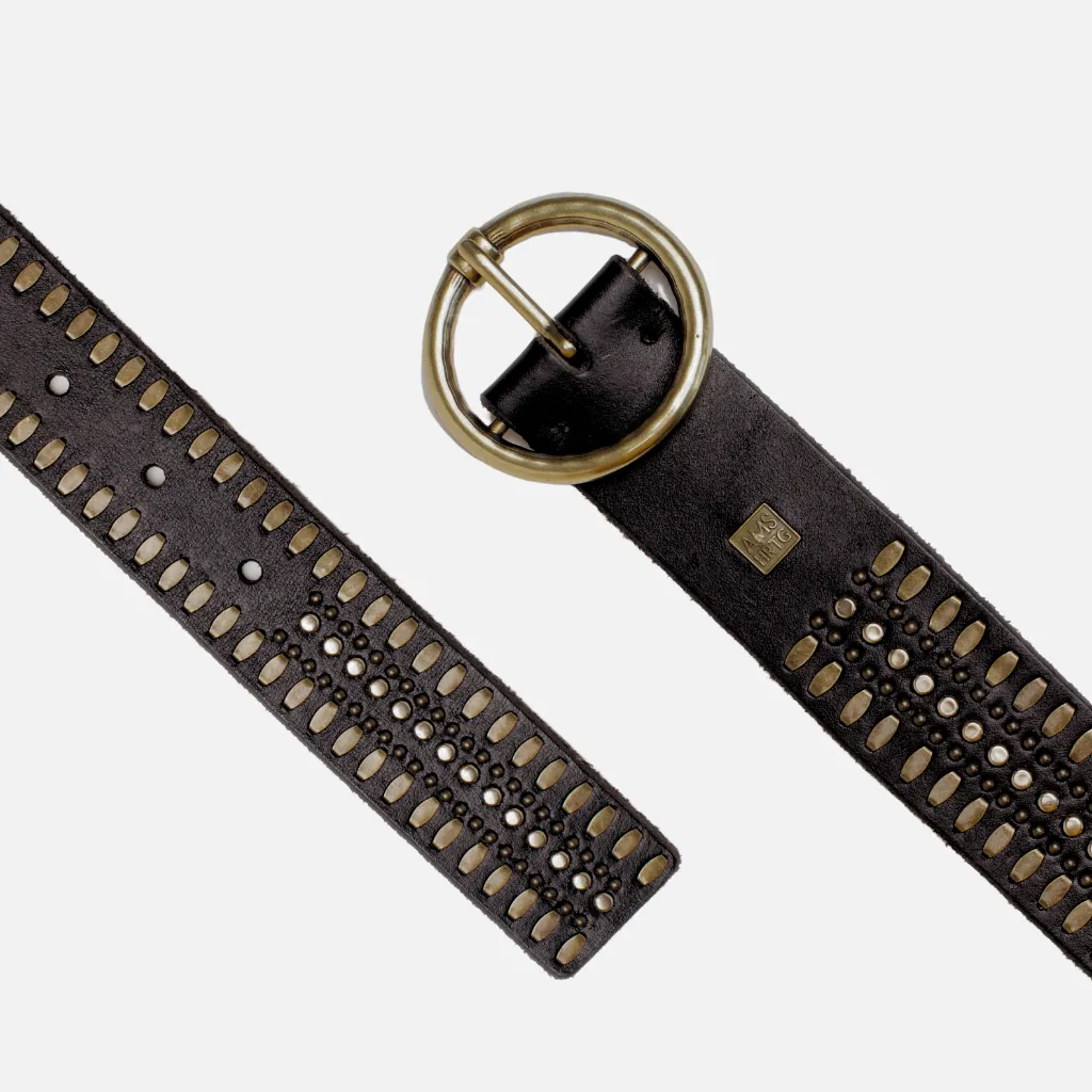 35056 Soraya | Studded Leather Belt with Gold Round Buckle