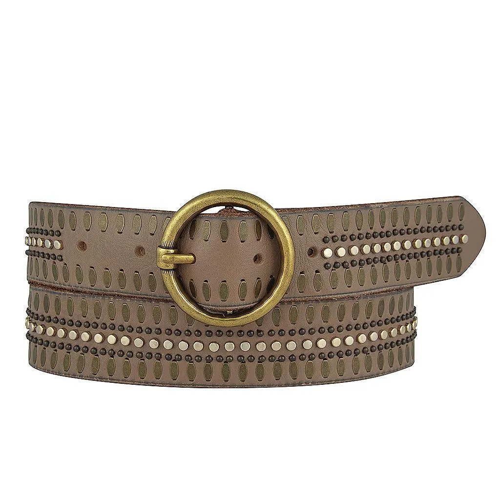 35056 Soraya | Studded Leather Belt with Gold Round Buckle