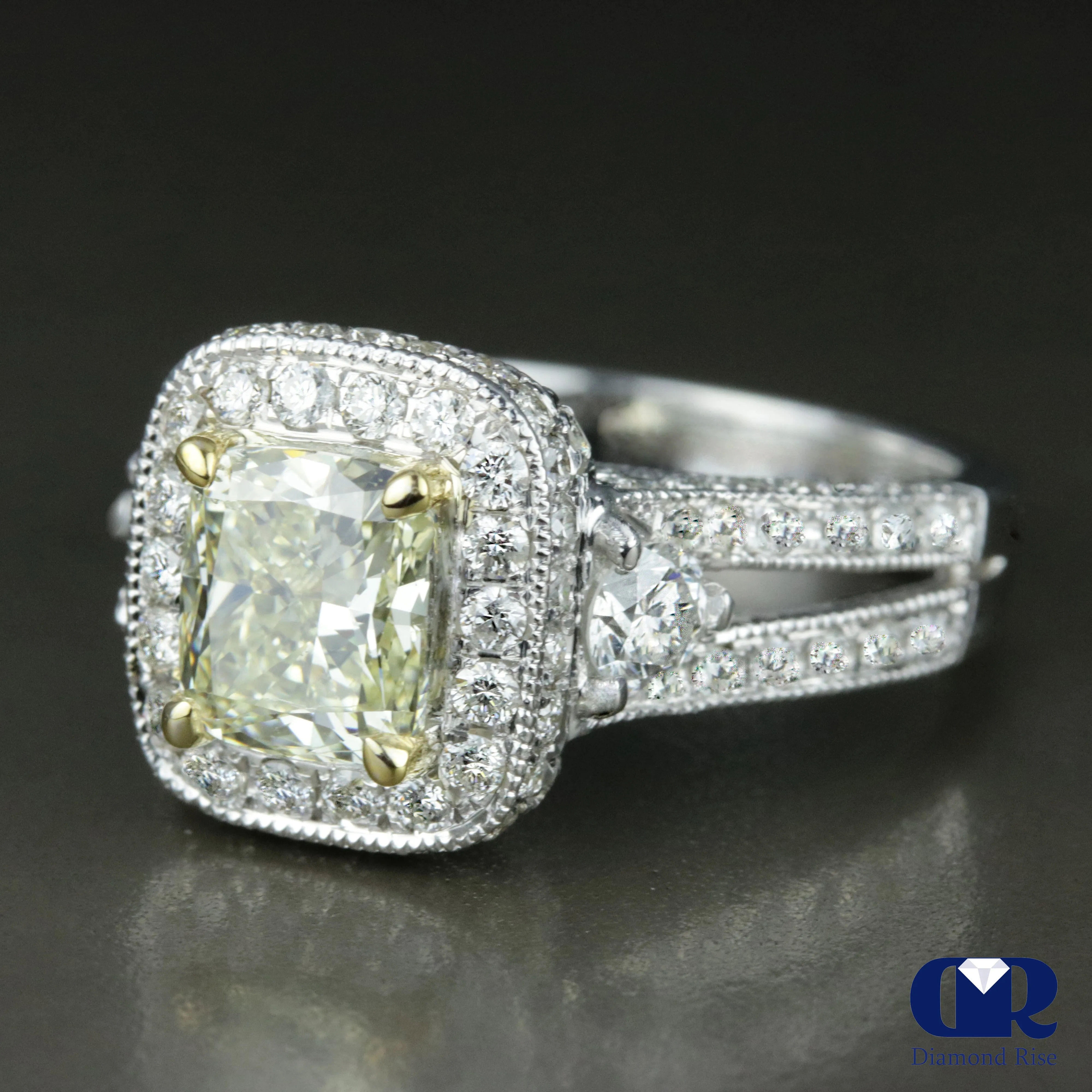 3.82 Carat Cushion Cut Fancy Yellow Halo Engagement Ring In 14K White Gold