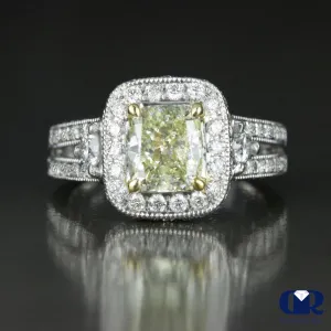 3.82 Carat Cushion Cut Fancy Yellow Halo Engagement Ring In 14K White Gold