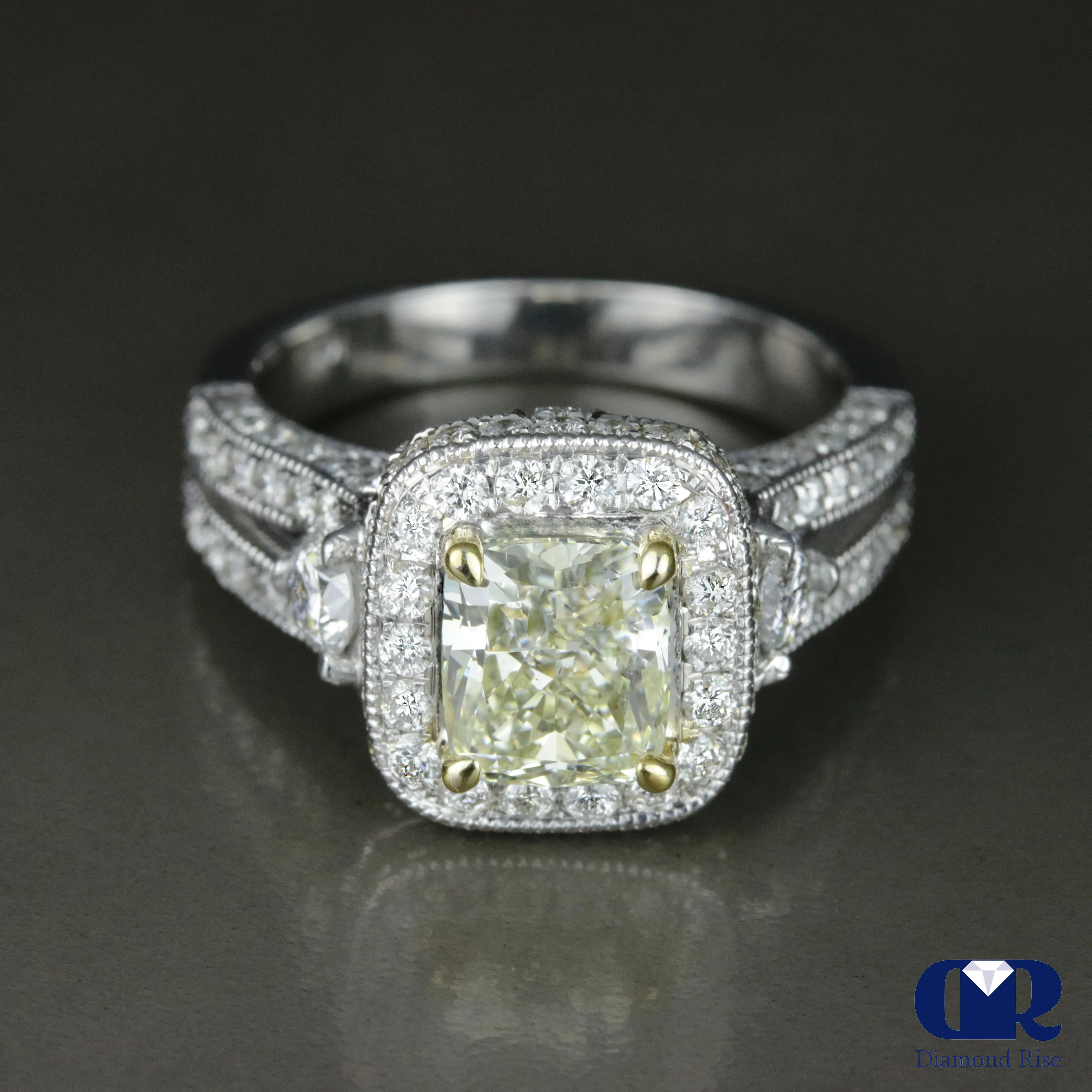 3.82 Carat Cushion Cut Fancy Yellow Halo Engagement Ring In 14K White Gold