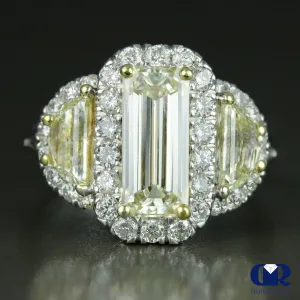 3.93 Carat Fancy Yellow Emerald Cut Halo Engagement Ring In 18K White gold