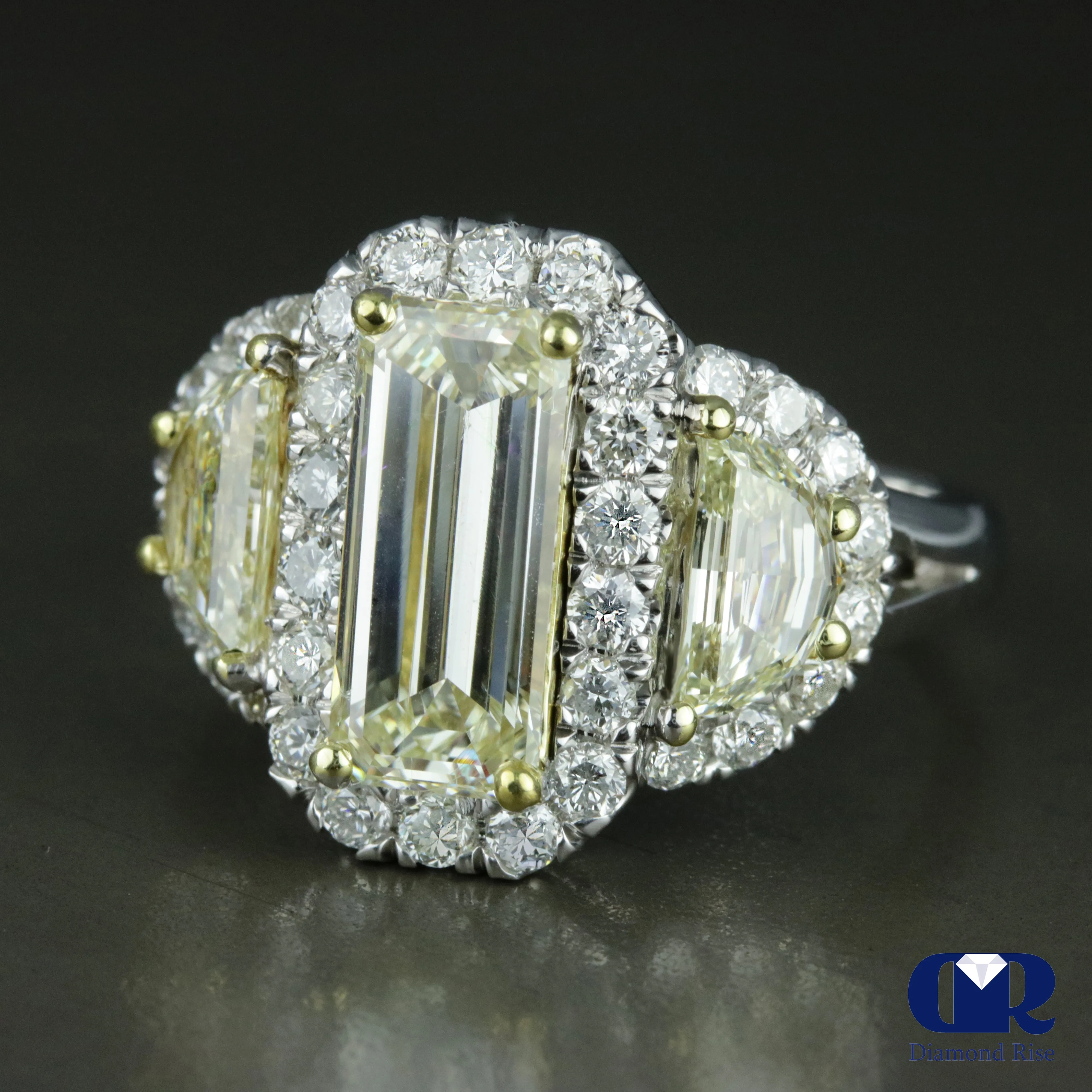 3.93 Carat Fancy Yellow Emerald Cut Halo Engagement Ring In 18K White gold