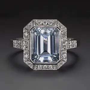 3ct AQUAMARINE DIAMOND COCKTAIL RING VINTAGE STYLE HALO WHITE GOLD EMERALD CUT