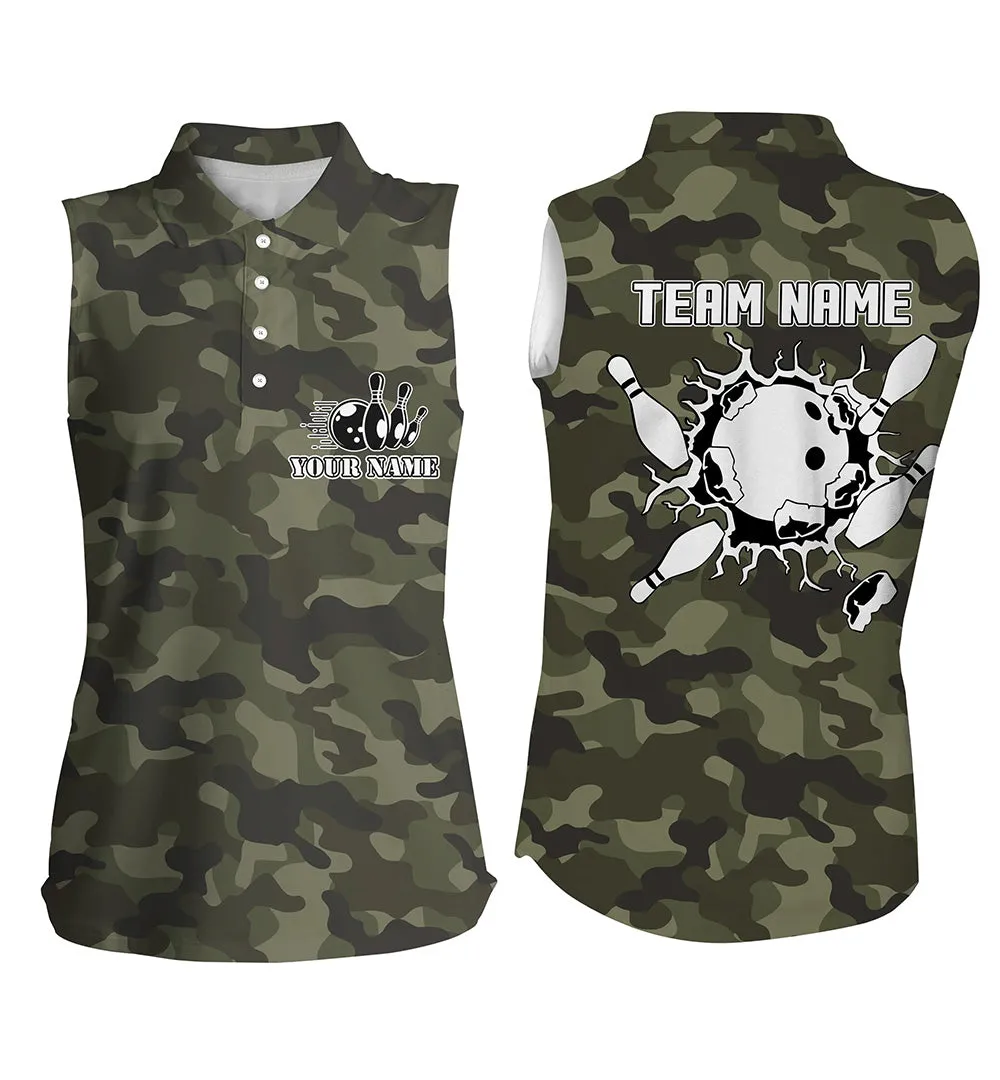 3D Full Printed Bowling Sleeveless Polo Shirts For Women Custom Bowling Ball And Pins Green Camo Bowling Team