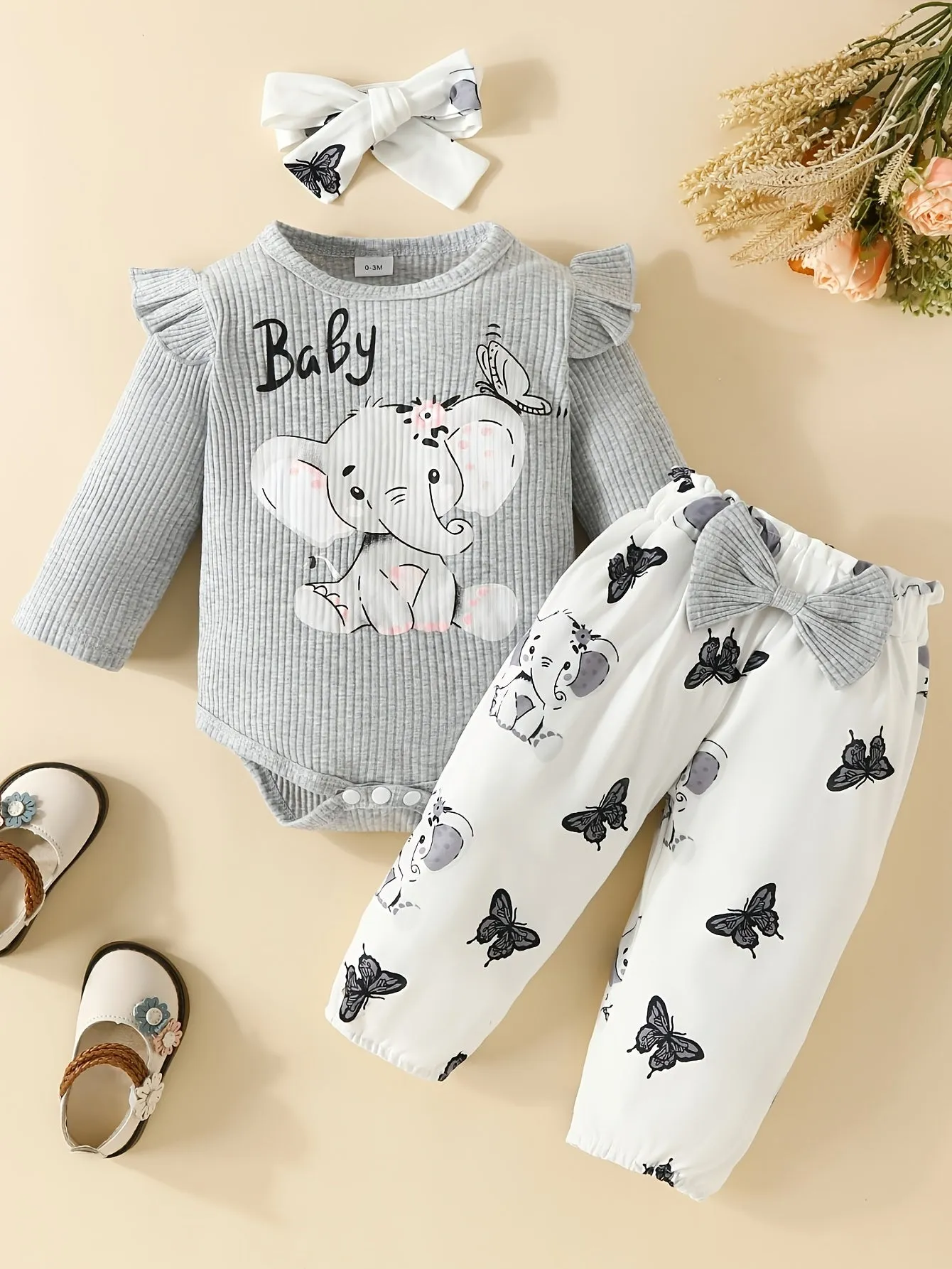 3pc Elephant Butterfly Romper Set for Baby Girls