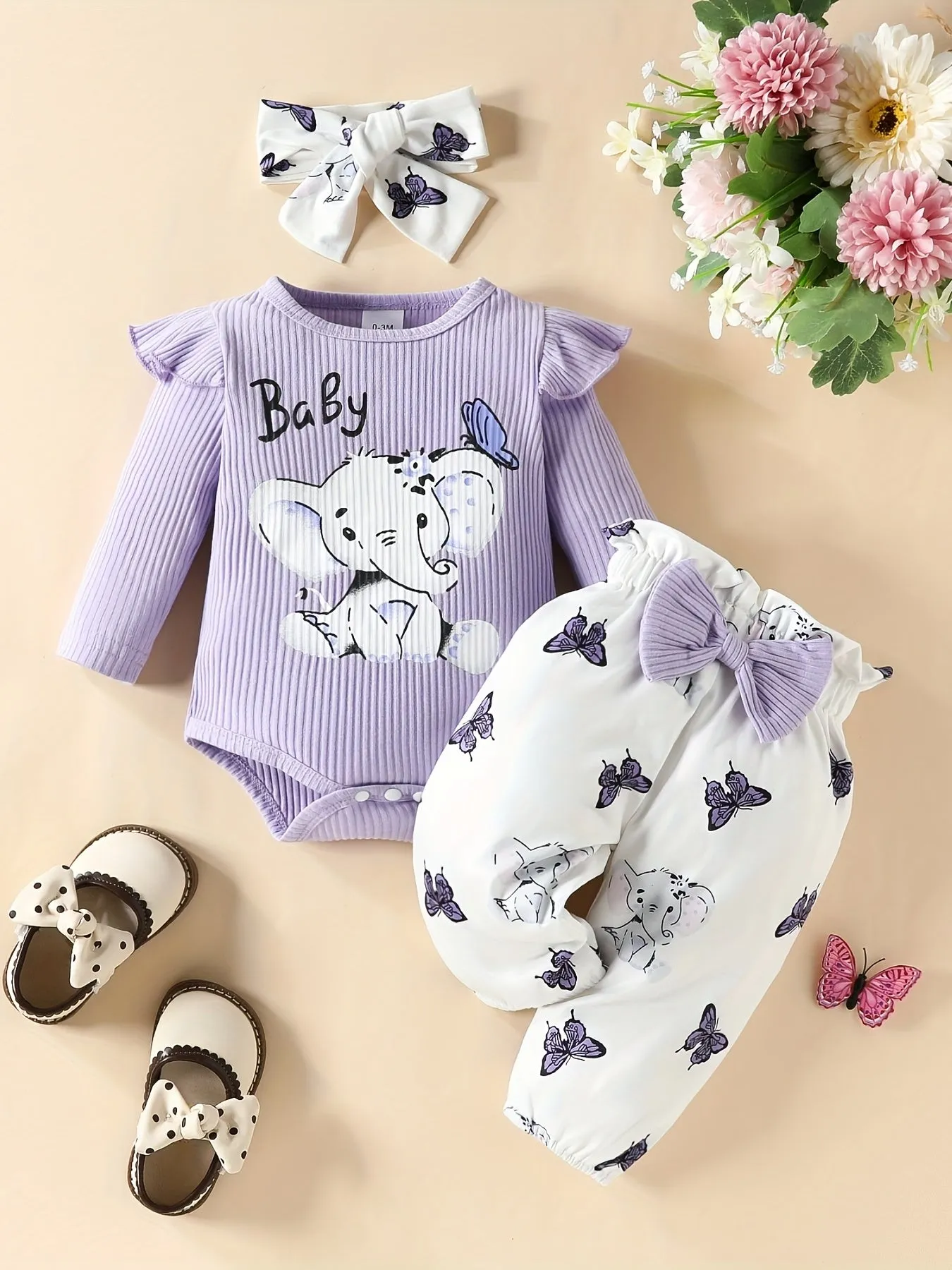 3pc Elephant Butterfly Romper Set for Baby Girls