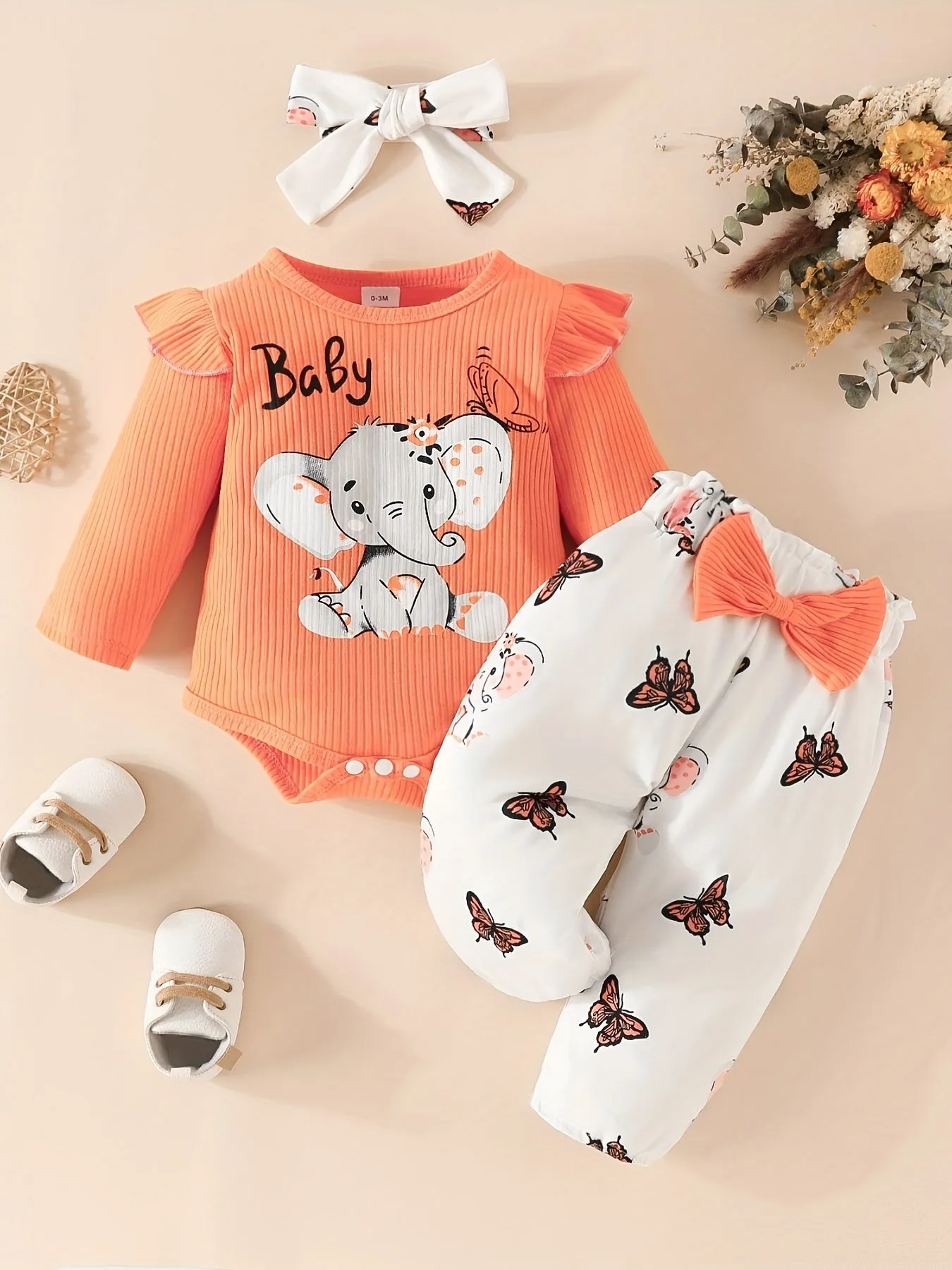 3pc Elephant Butterfly Romper Set for Baby Girls