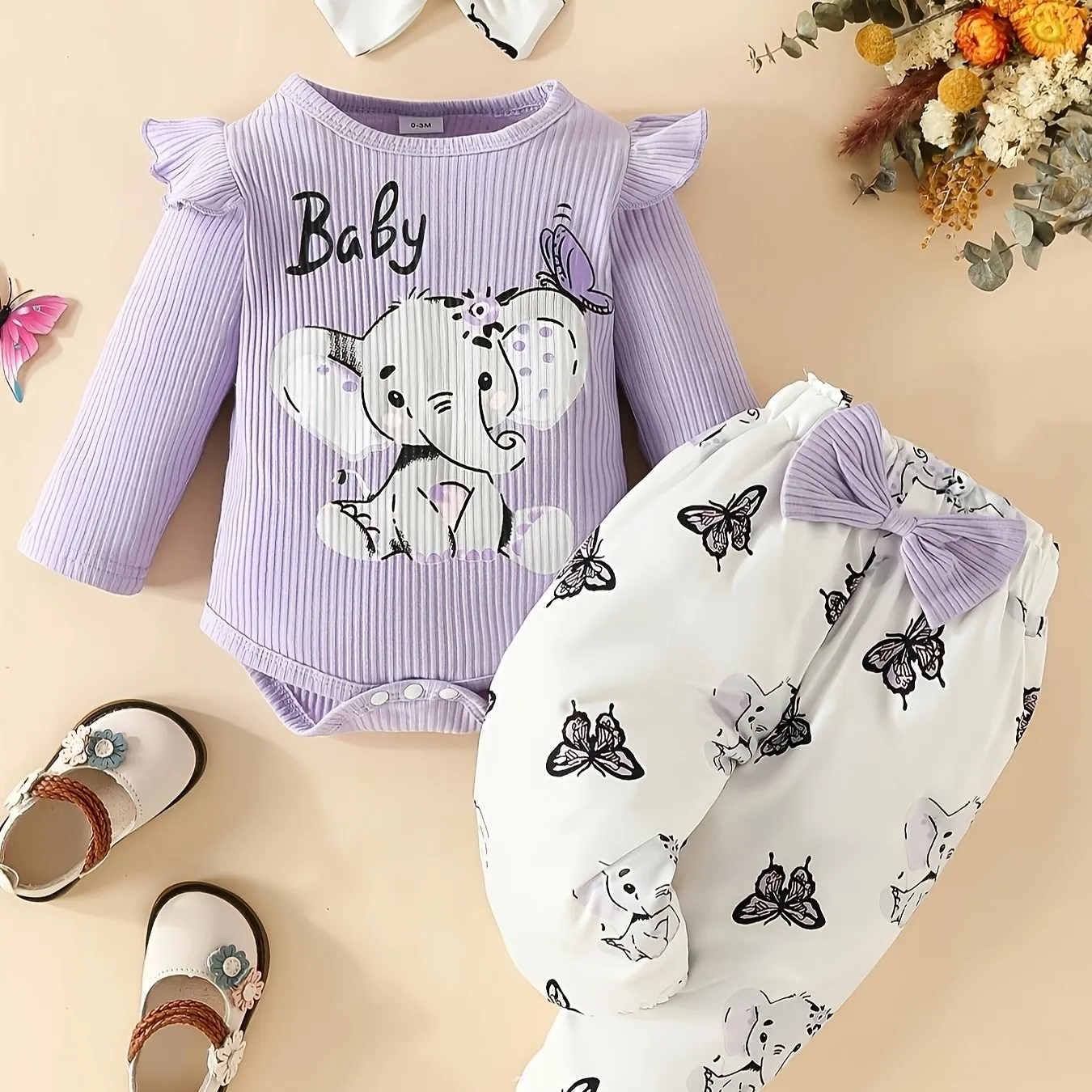 3pc Elephant Butterfly Romper Set for Baby Girls