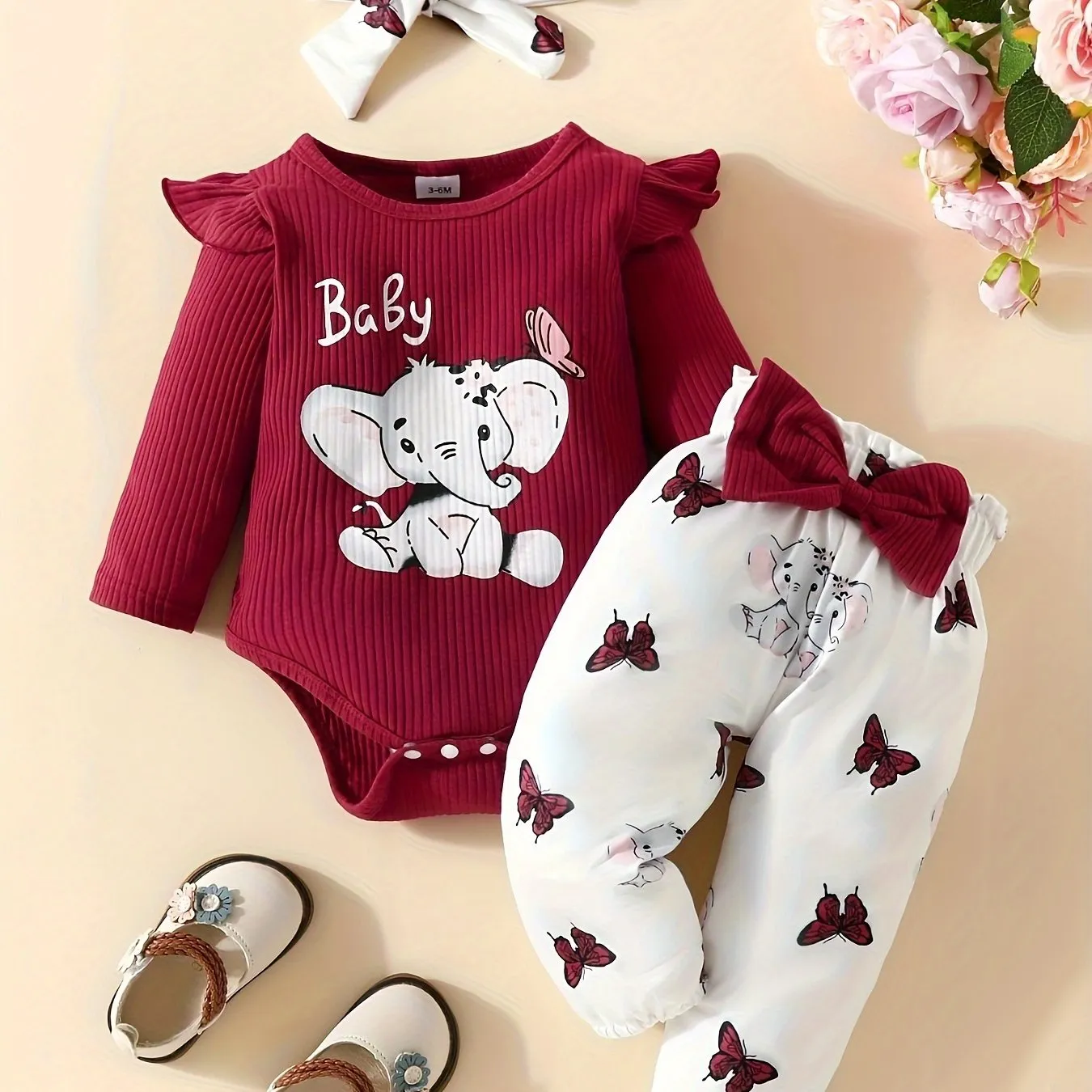 3pc Elephant Butterfly Romper Set for Baby Girls