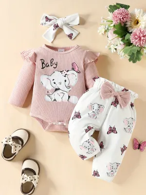 3pc Elephant Butterfly Romper Set for Baby Girls