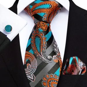 3Pcs Men's Aqua Sunset Paisley Necktie Set