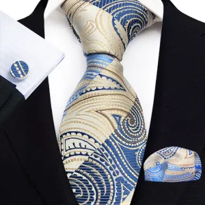 3Pcs Men's Blue & Champagne Paisley Necktie Set