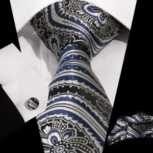 3Pcs Men's Novelty Blue Silver Paisley Jacquard Necktie Set