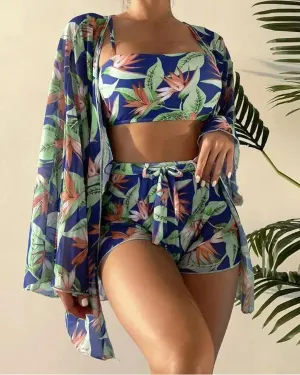 3PCS Tropical Print Bikini Set With Cover Up