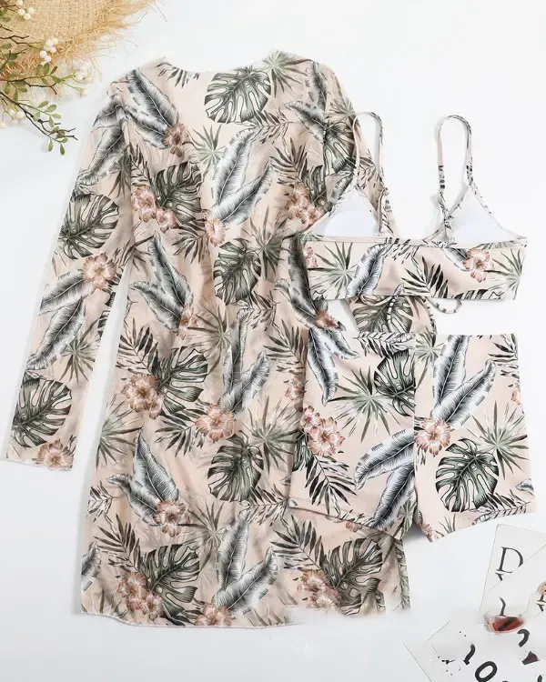 3PCS Tropical Print Drawstring Bikini Set With Cover Up