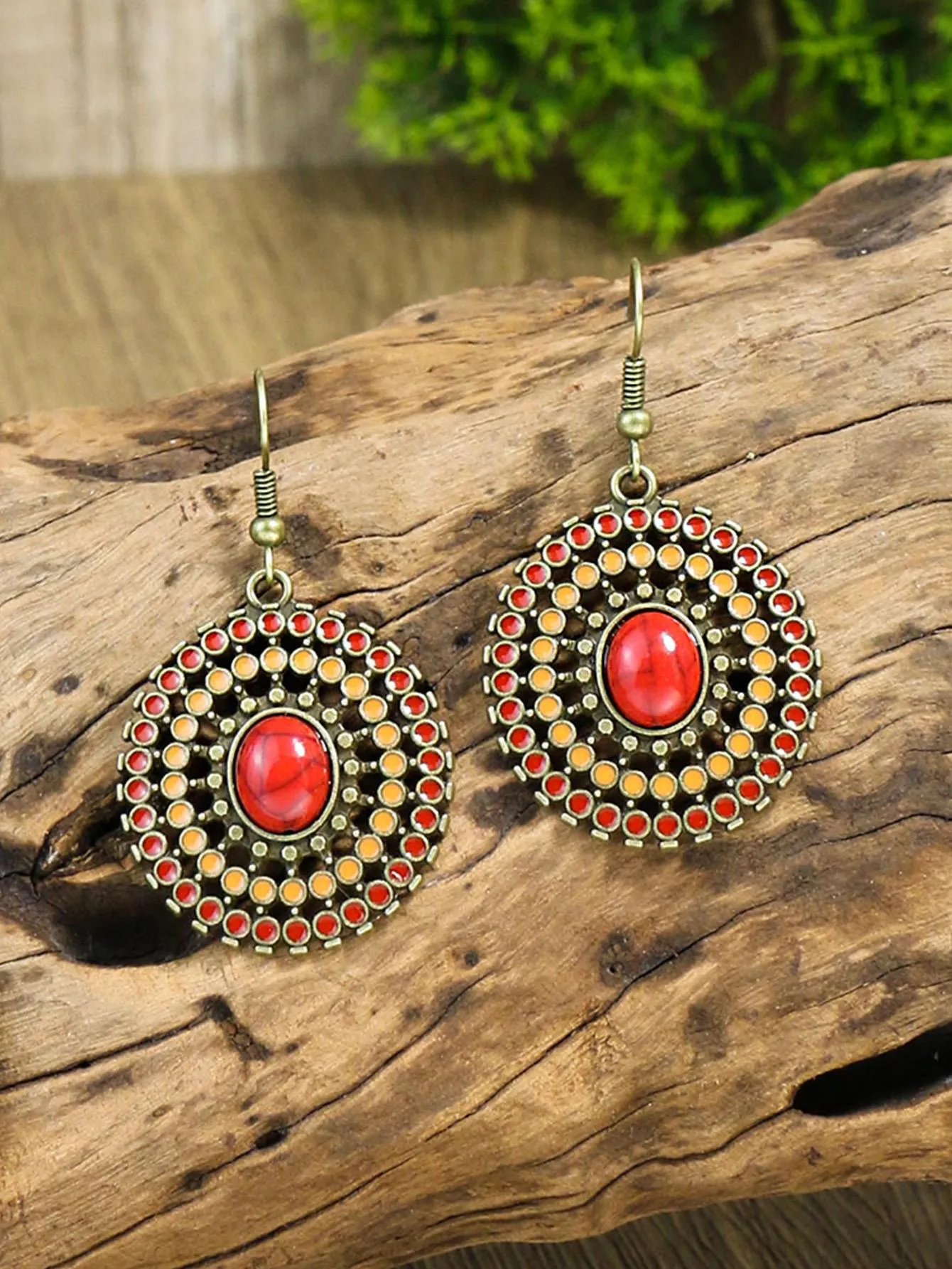 3pcs Wooden Beaded And Multi-color Ellipse Pendant Red Orange Earrings And