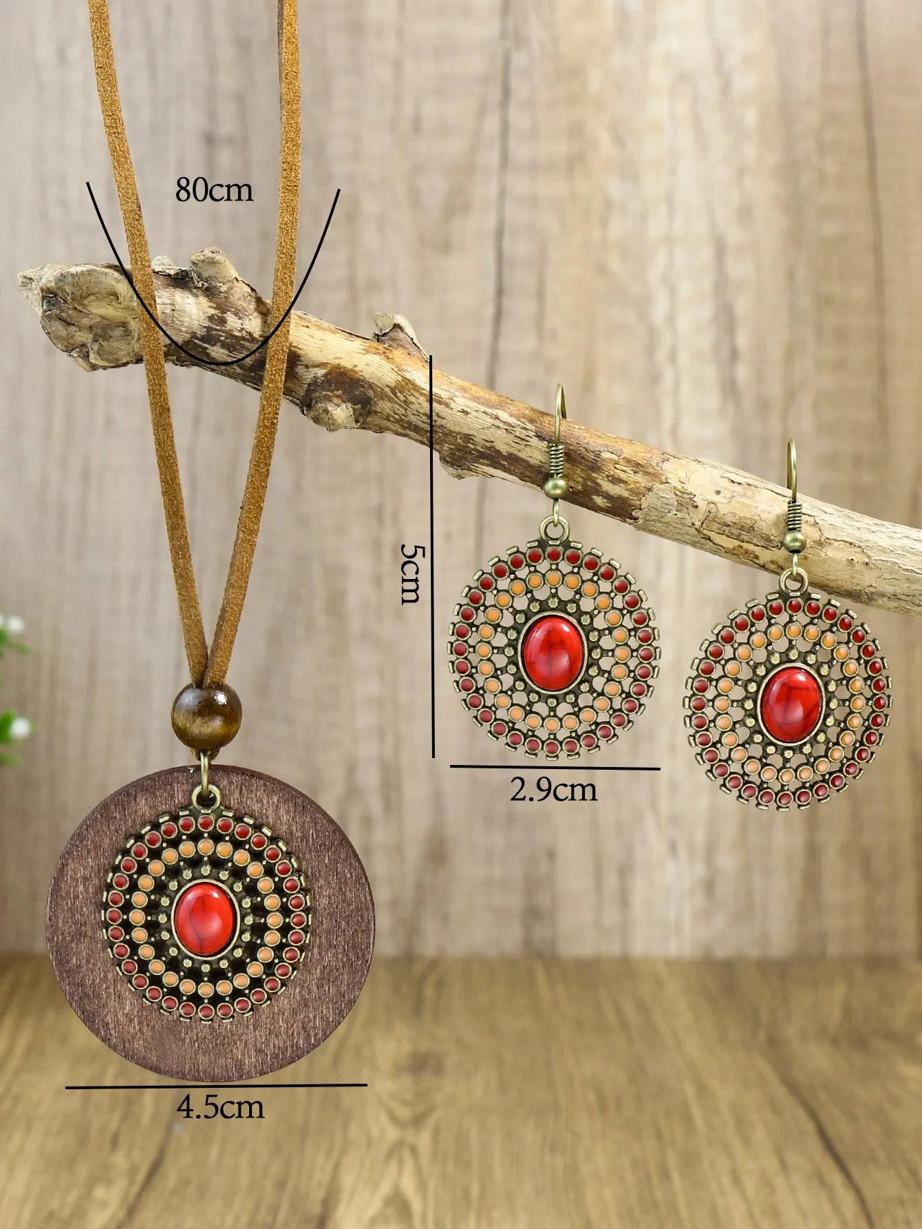 3pcs Wooden Beaded And Multi-color Ellipse Pendant Red Orange Earrings And